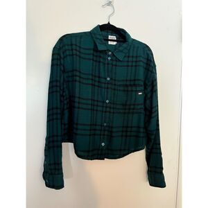 Women's Pink Cropped Green Plaid Flannel Shirt SZ S/P